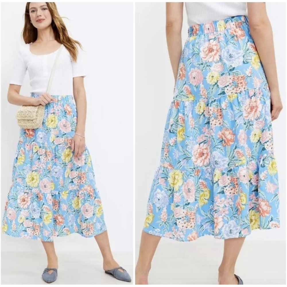 Floral Tiered Pastel Blue Midi Skirt Size L Flowy Lightweight Linen Blend Soft
